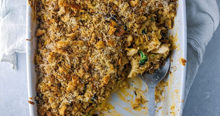 Baked Chicken and Broccoli Mac-n-Cheese with Sourdough Breadcrumbs